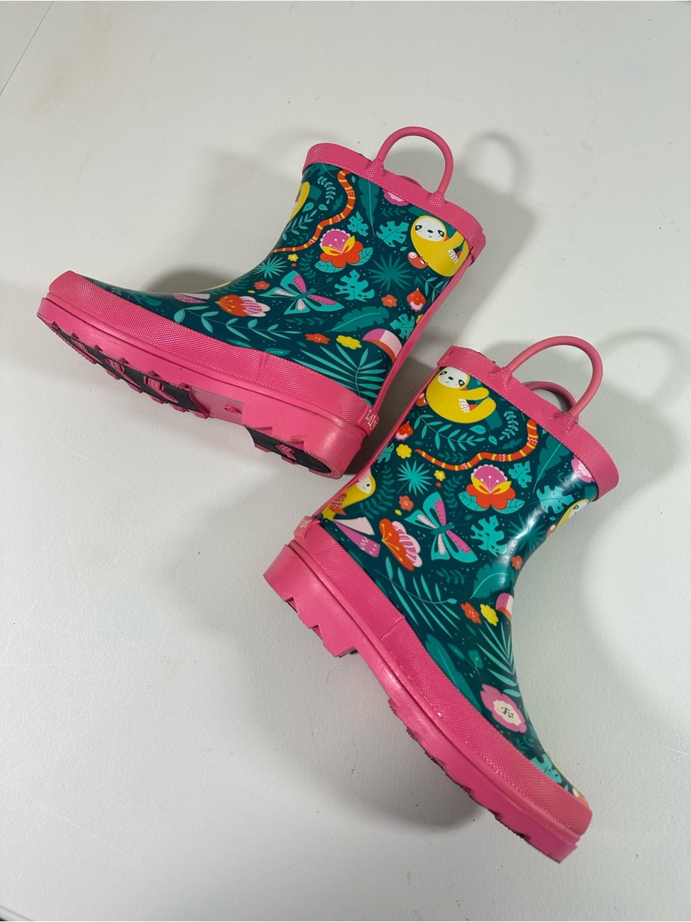 NWOB Lily & Dan Kids Rain Boots 11/12 Green Pink Sloth Print Rubber Waterproof - Picture 7 of 10
